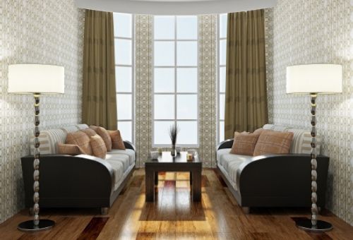 Интерьер комнаты (окно, шторы, диван)
